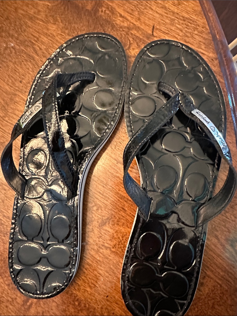 Coach Black Patent Logo-Embossed Thong Sandals